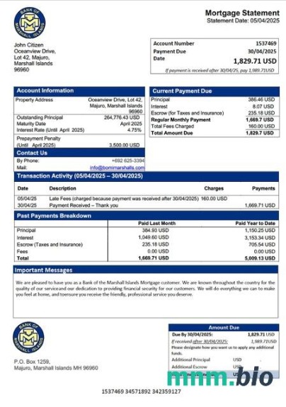 Wyspy Marshalla Bank of the Marshall Islands wyciąg z kredytu hipotecznego szablon Word i PDF